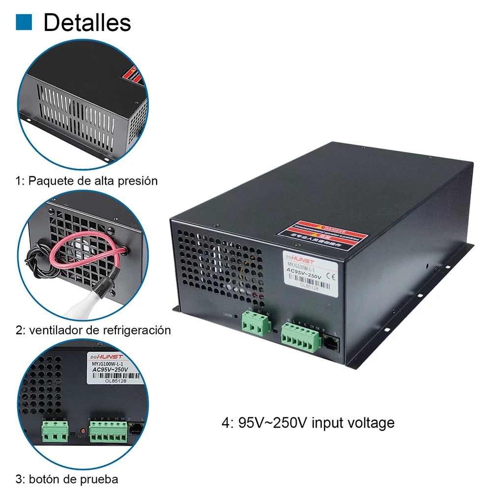 Catu daya Laser CO2 HUNST MYJG 100W mendukung tegangan 95 ~ 250V dan digunakan untuk mesin pemotong dan pengukir Laser 100W.