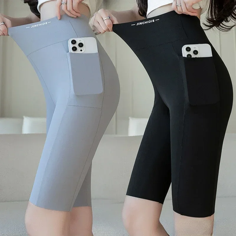 Big Size Leggings Women Sports Shark Shorts with Pocket Stretchy High Waist Hip Lift Workout Running Quick-drying Gym Shorts