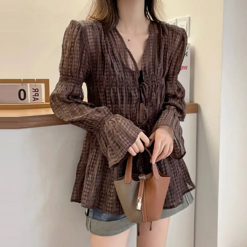 Commute Plaid Ruffles V-Neck Blouse Female Clothing Fashion Folds Spliced Drawstring Spring Summer Long Sleeve Waist Slim Shirt