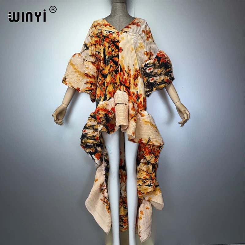 WINYI Boho Beachwear Pleated Elastic Slim Dress for Muslim Women Kaftan Abaya Cover up Dubai Luxury Long down Holiday Evening We