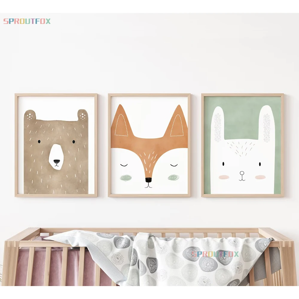 Woodland Animal Bear Fox Deer Rabbit Canvas Painting Nursery Wall Art Poster Children Baby Room Decoration Home Decor Picture