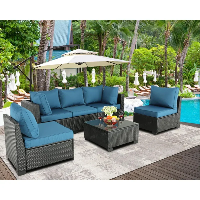 Ppatio furniture set (peacock blue)-outdoor PE rattan Wicker sectional with tempered glass table