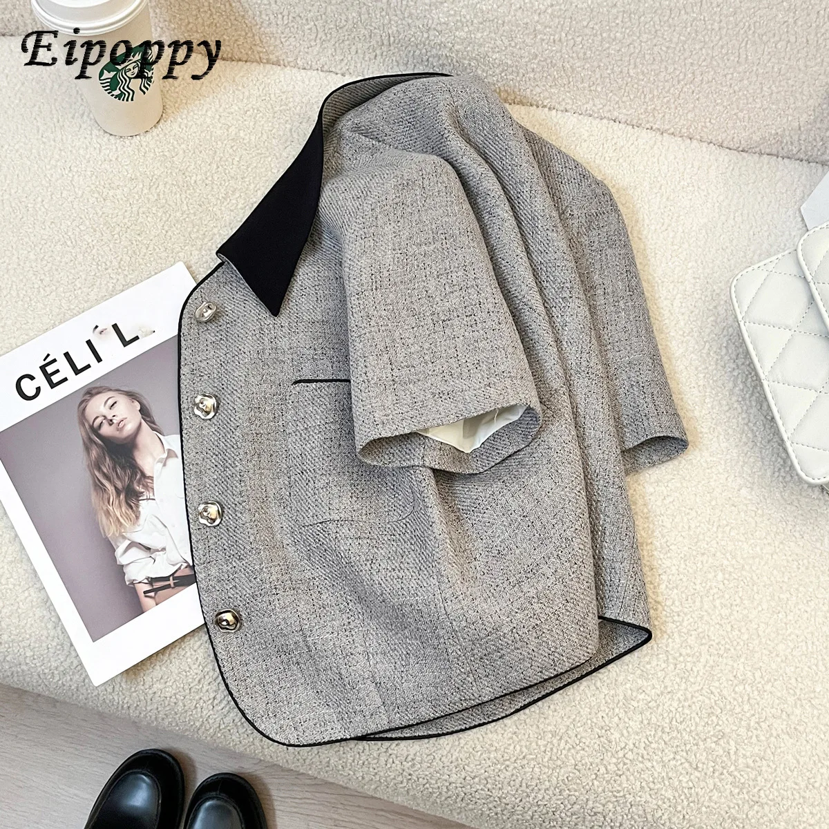 Grey short sleeved small fragrant style suit jacket for women