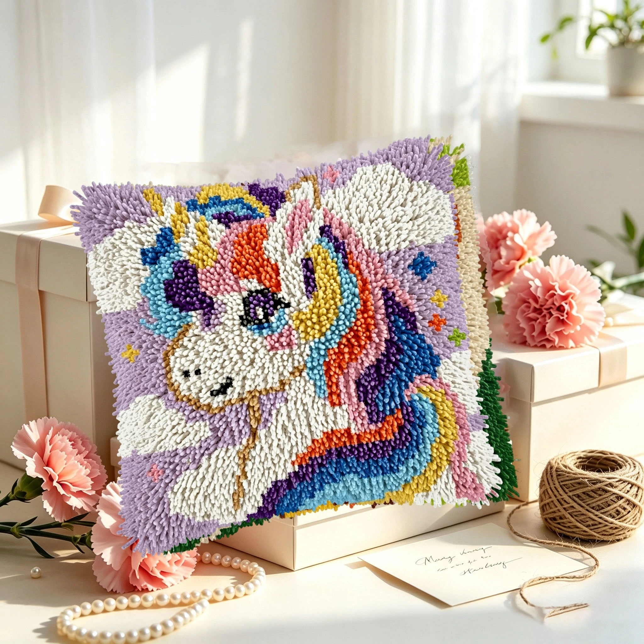 1Set Rainbow Unicorn Knot Pillow Latch Hook Kit Cushion Pillowcase Set For Needlework Latch Hook Kits DIY Beginner-friendly Embr