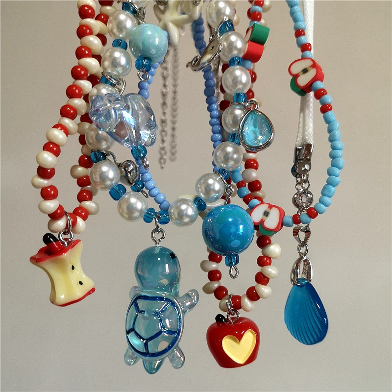 Y2K Charm Ceramic Cartoon Fish Starfish Marine Animals Fruit Pendant Colorful Rice Bead Choker Necklace Trendy Beach Sea Jewelry