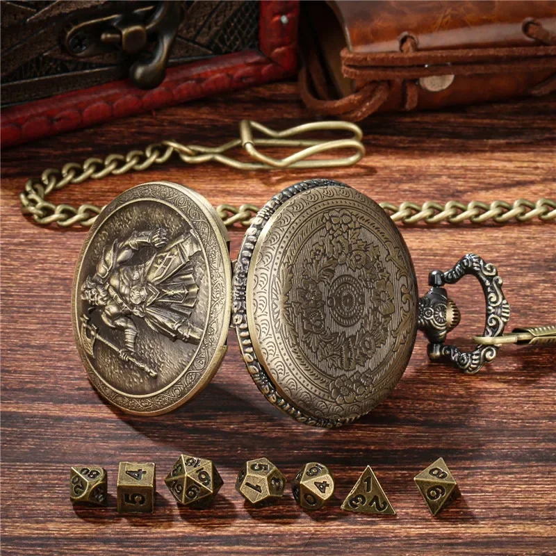 

7pcs/set Small Size Metal Polyhedral Dice for Role Playing Game RPG Dices with Axe Barbarians Pocket Watch Case Pendant Chain