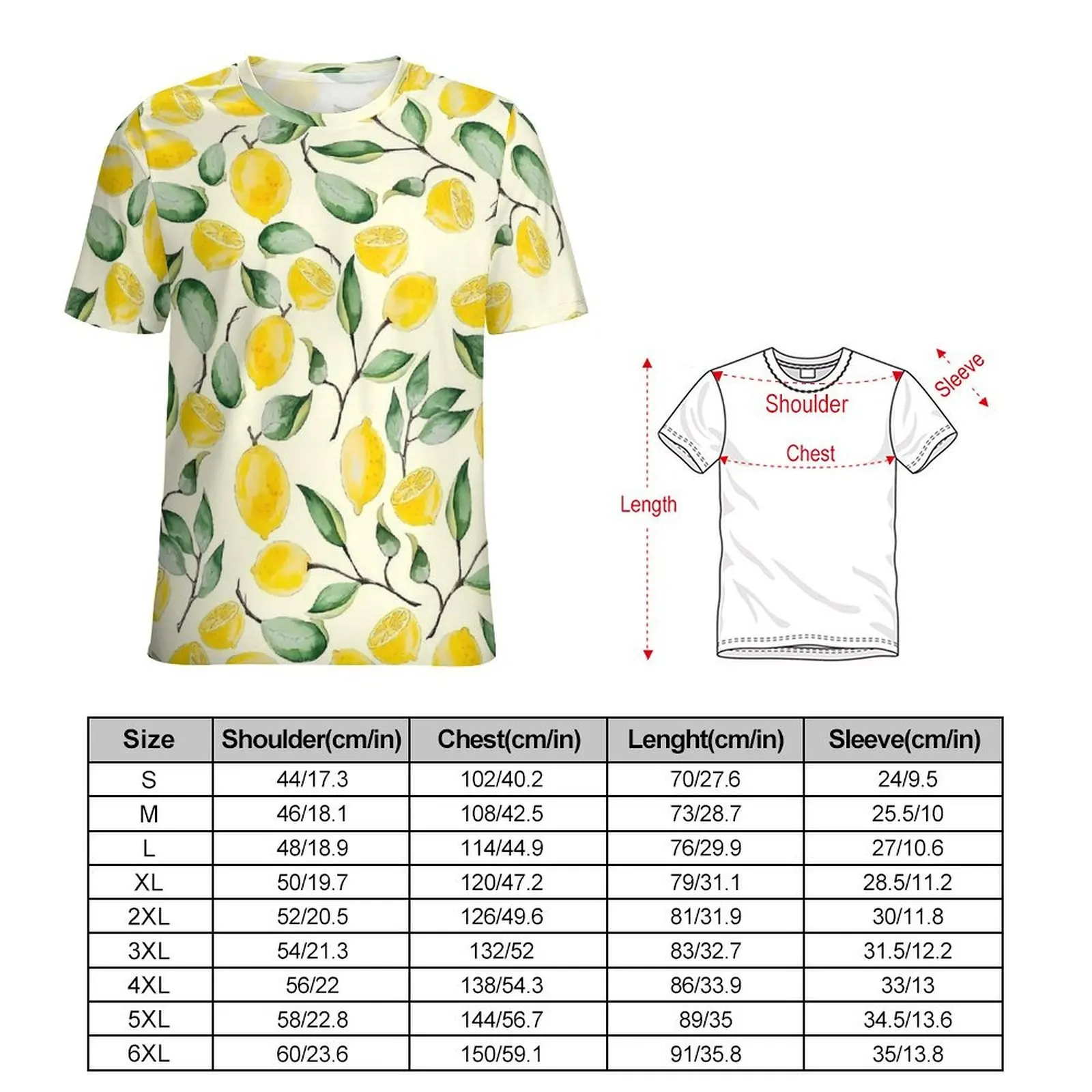 Fruit Print T Shirt For Men Watercolor Lemon O Neck T Shirts Premium Popular Clothing Short Sleeve Casual Plus Size Tee Shirt