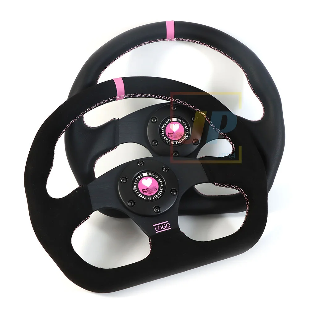 JDM New pink Leather And Suede Racing Steering Wheel 12.5-inch Modified Steering Wheel Universal