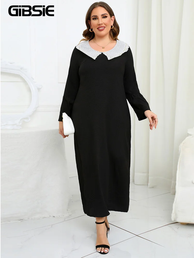 GIBSIE Plus Size Solid Lace Trim Tassel Belted Dress Women Spring Fall Vintage Long Sleeve Ladies Elegant Straight Maxi Dresses