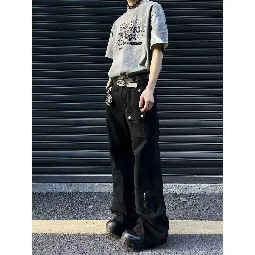 Men's Multi Pocket Wide Leg Casual Black Pants Street Style High Waist Bottoms Y2k Retro Personality Male Pants