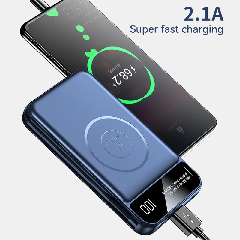 For iPhone Huawei Samsung Lenovo 20000mAh Magnetic Wireless Power Bank Built in 2 Cables Fast Charging Portable Battery Charger