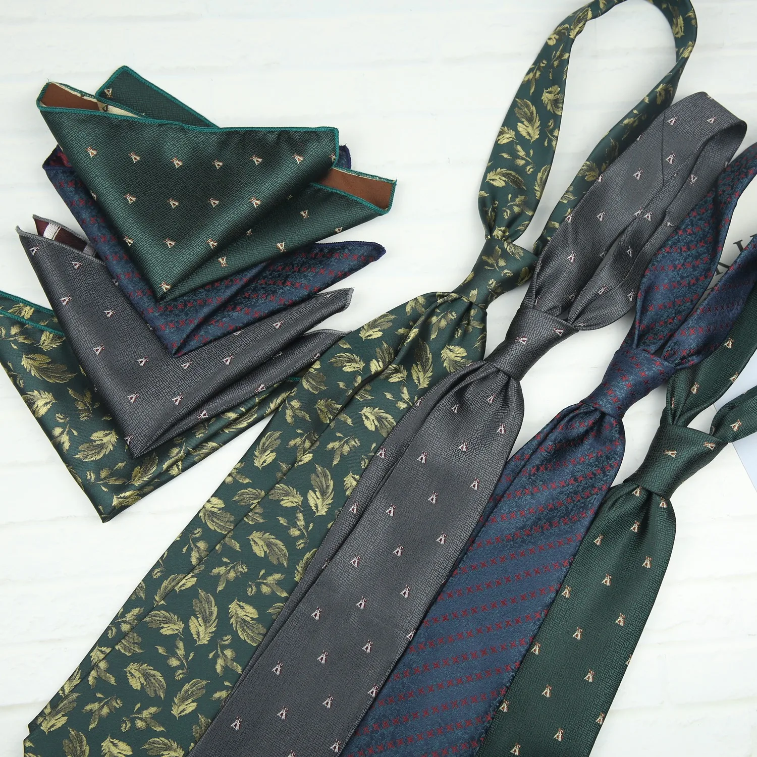 2PCS New Neck Tie Set Polyester Green Floral White Neckties Mens Luxury Grey Soft Handkerchief Wedding Groom Shirt Accessories