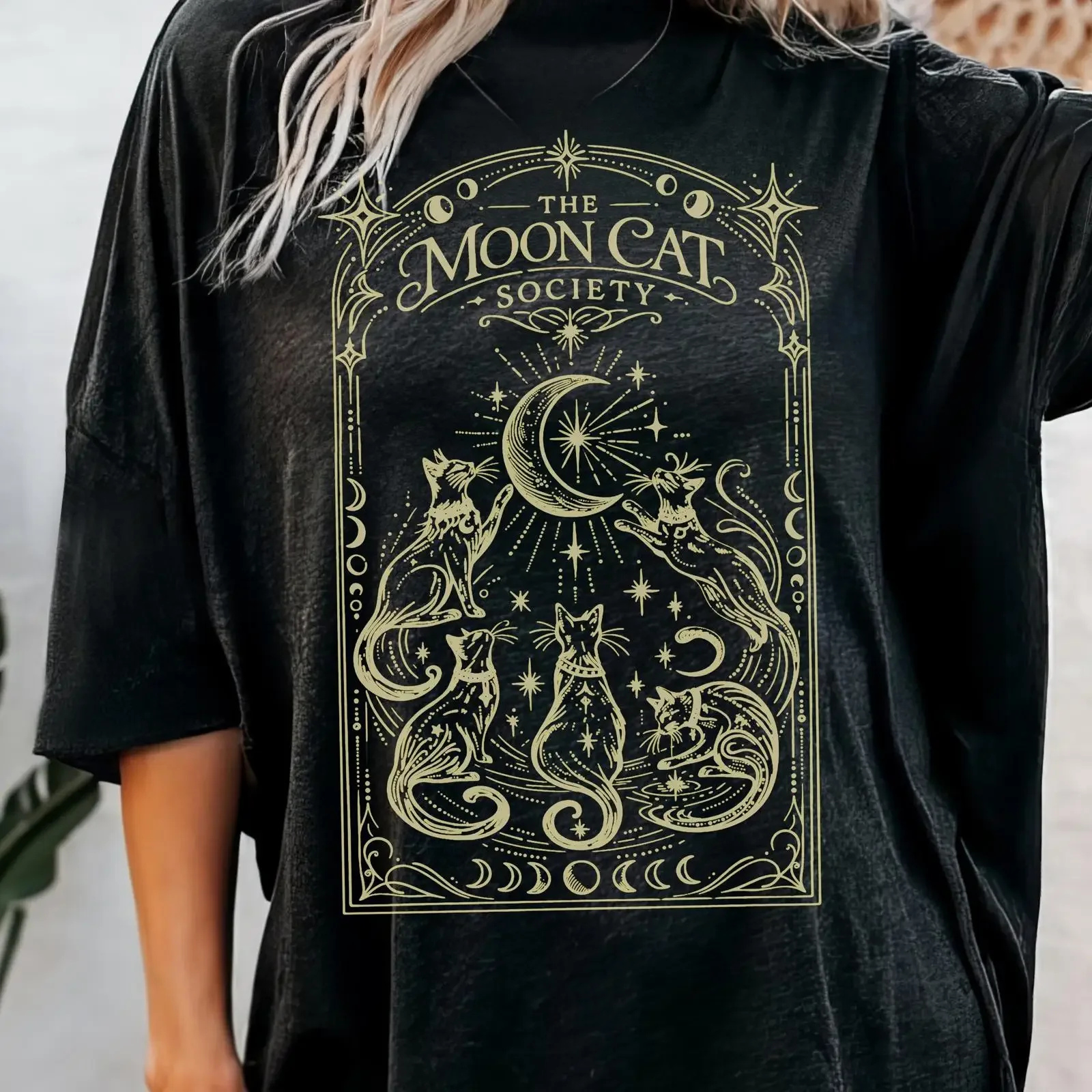 Celestial Moon Cat Pagan Goth Witch T Shirt Witchy Tarot Wiccan Boho Magical vintage Washed Slightly Breathable Stylish fashion