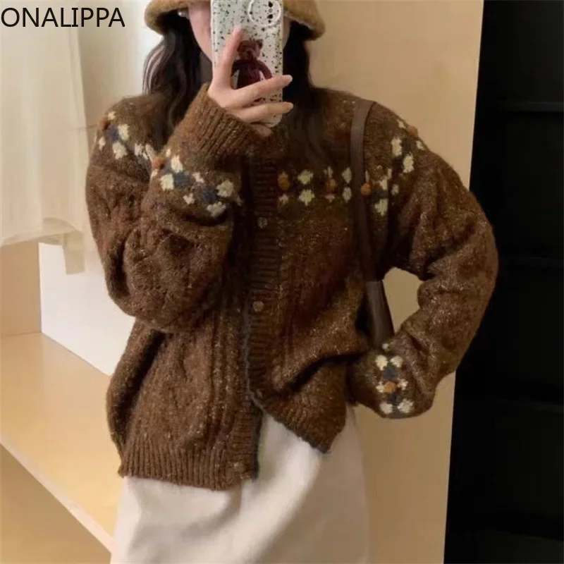 Onalippa Contrast Vintage Pattern Knitted Cardigan Slouchy Style Embroidery Casual Cardigans Korean Single Breasted Sweaters