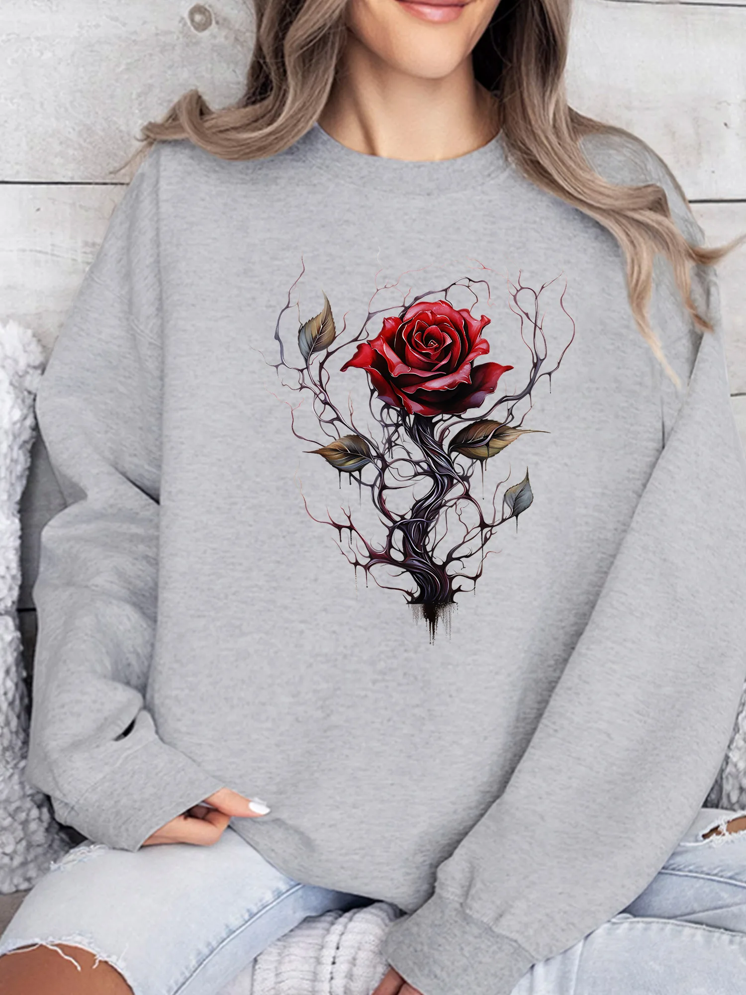 

Женская толстовка с принтом «Роза» ко Дню святого Валентина, повседневная, с длинным рукавом, свободного кроя, уличная одежда для осени и зимы