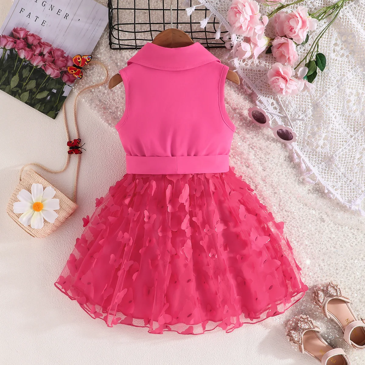 2024 Summer New Arrival Girls Sleeveless Sashes Butterfly Rose Red Cute Dress Infantil Menina Cute Party Dress Custume 18M-7T