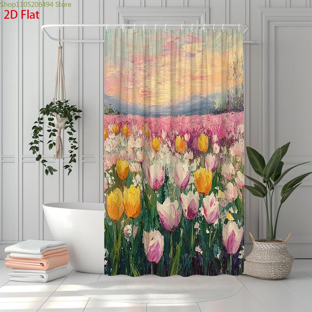 Tulip Field Shower Curtain Polyester Printed Bathroom Decor Floral Art Theme Home Bath Colorful Style