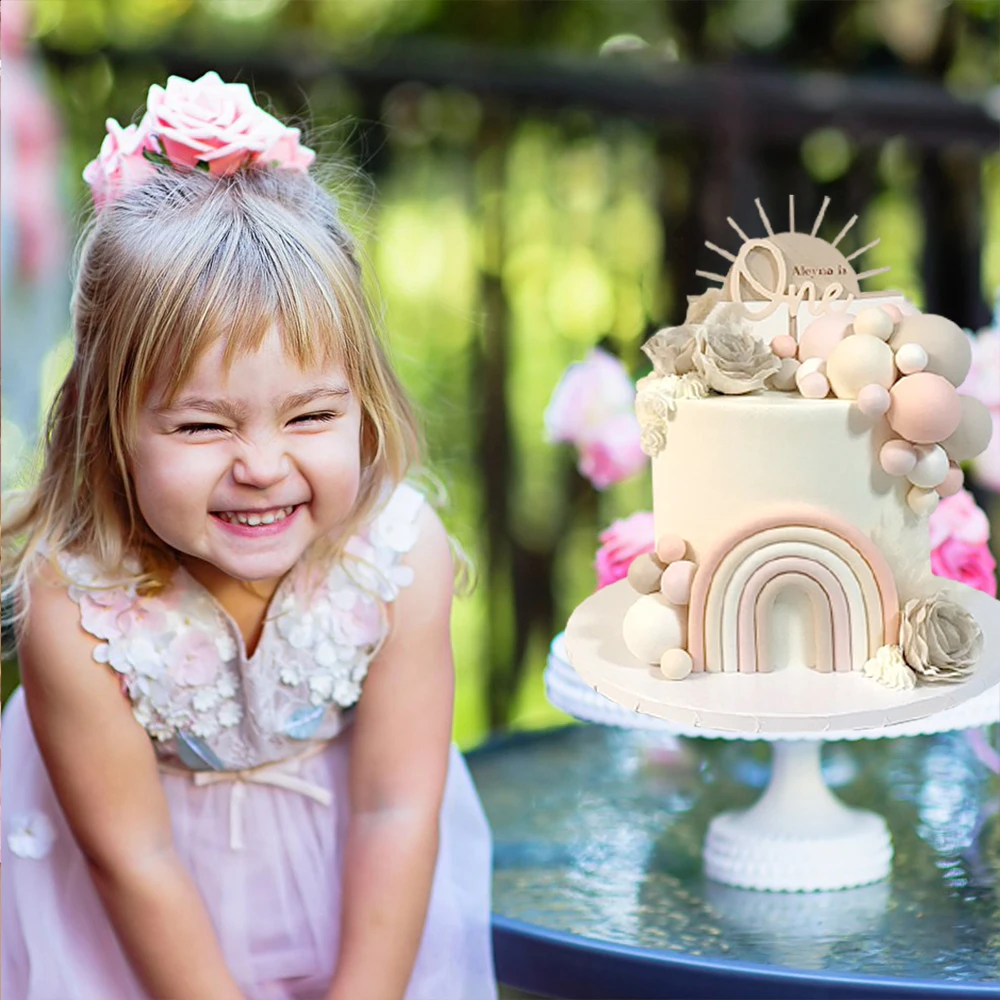 Boho Rainbow Cake Toppers Khaki Pink Balls Cake Decoration DIY Bohemian Wedding Baby Shower Girls Birthday Party Supplies
