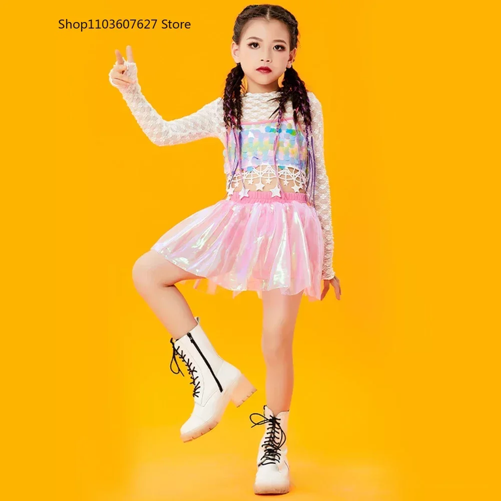 Children Summer Dance Clothes Sequins Net Top Skirt/Pants Set Girls Hip Hop Modern Jazz Streetwear Stage Performance Costume