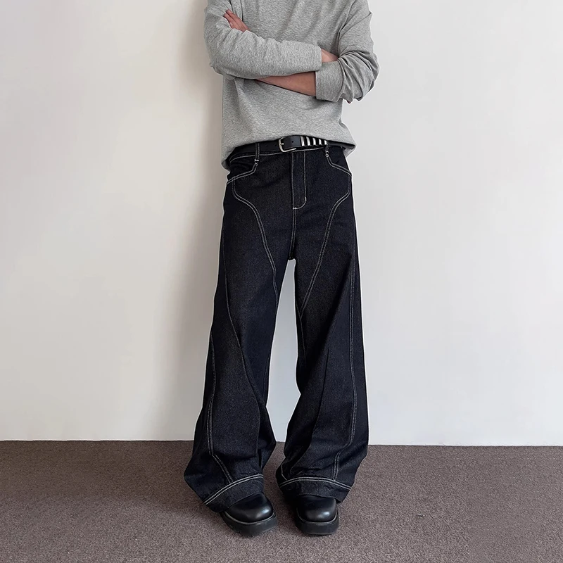 WTHT Moda Uomo Patchwork a righe Pantaloni in denim stile americano Vintage Jeans a gamba larga a vita alta Uomo 2025 Estate 2A1193