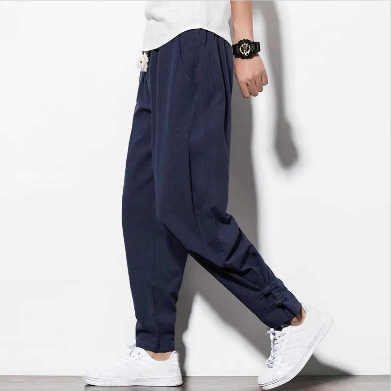

2025 Summer Men's Long Pant Cotton Linen Fashion Casual Wide Leg Pencil Pants Plus Size M-6XL Drawstring Loose Ankle-Length Pant