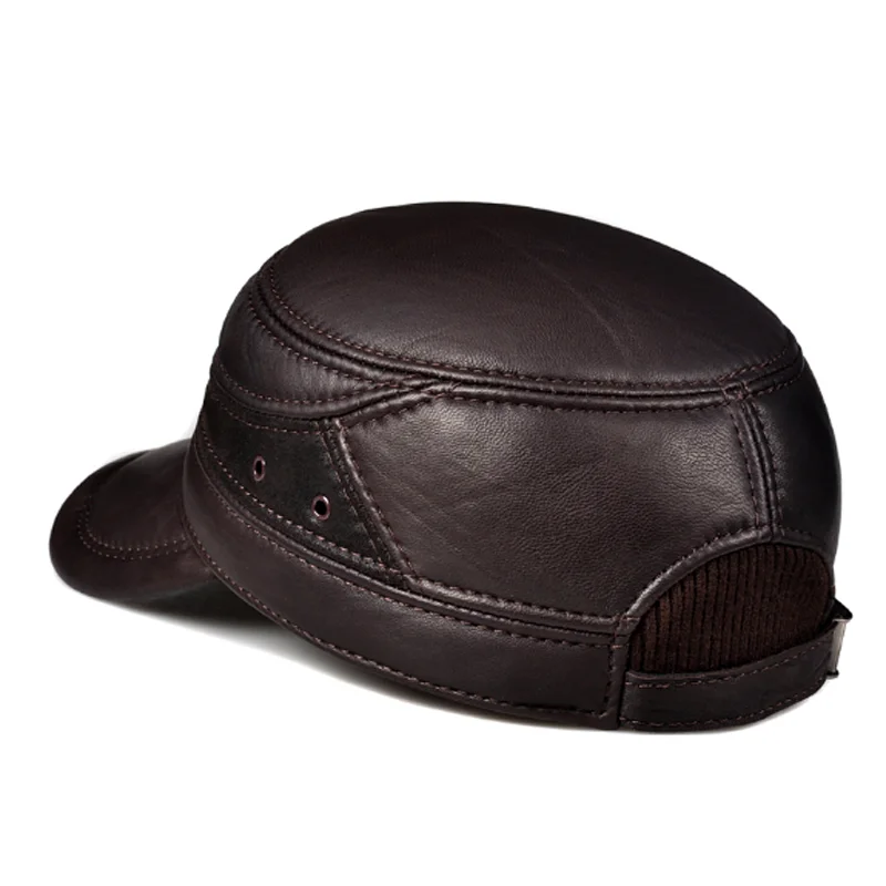 New Spring/Winter Real Leather Black/Brown Flat Baseball Caps Male 55-60cm Customized Size Outdoor Warm Snapback Hat