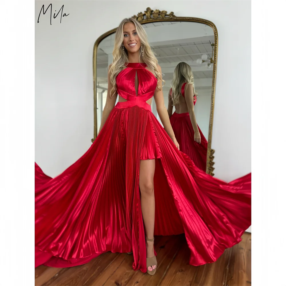 

Mila Холтер с открытой спиной и складками Пром платья 2025 Роскошные вечерние платья с высоким разрезом по бокам длиной до пола, вечерние платья по индивидуальному заказу