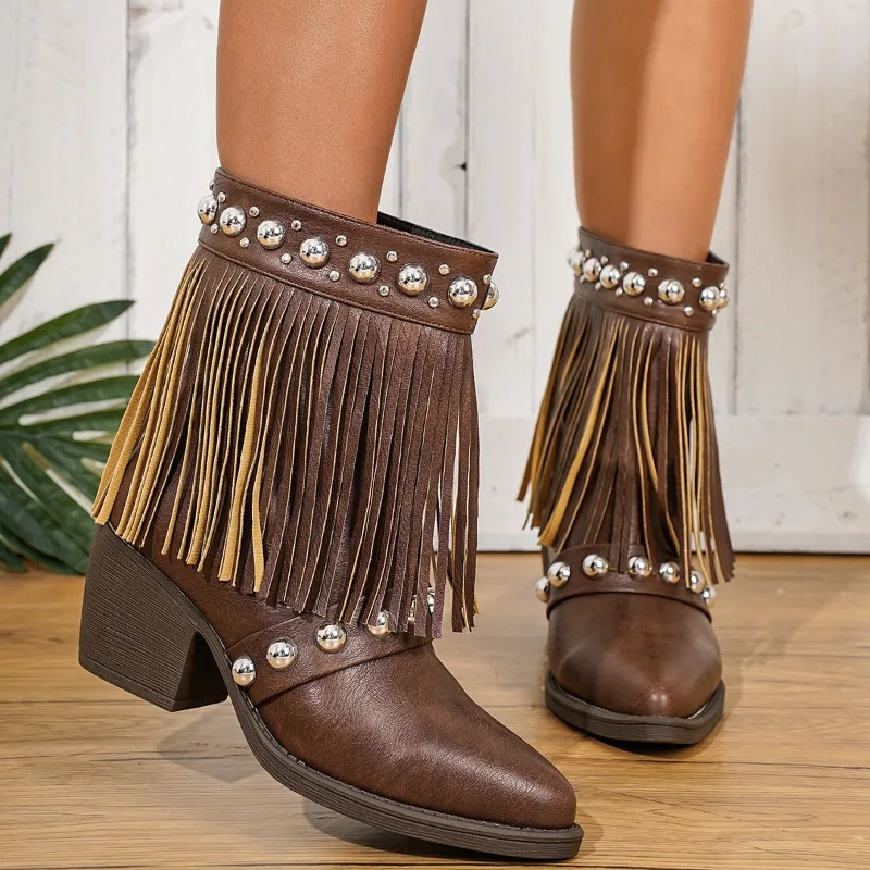 

Vintage Scrub Block Heel Booties Women's New Versatile Tassel Studded Western Cowboy Boots