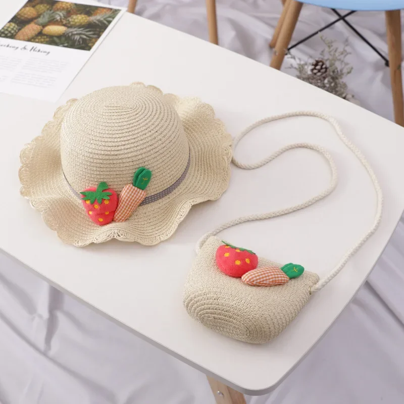 2 pcs New Children's Sun Protection Princess Beach Sun Hat Baby Girl Straw Hat Cherry Fisherman Hat And Bag Set For Kids