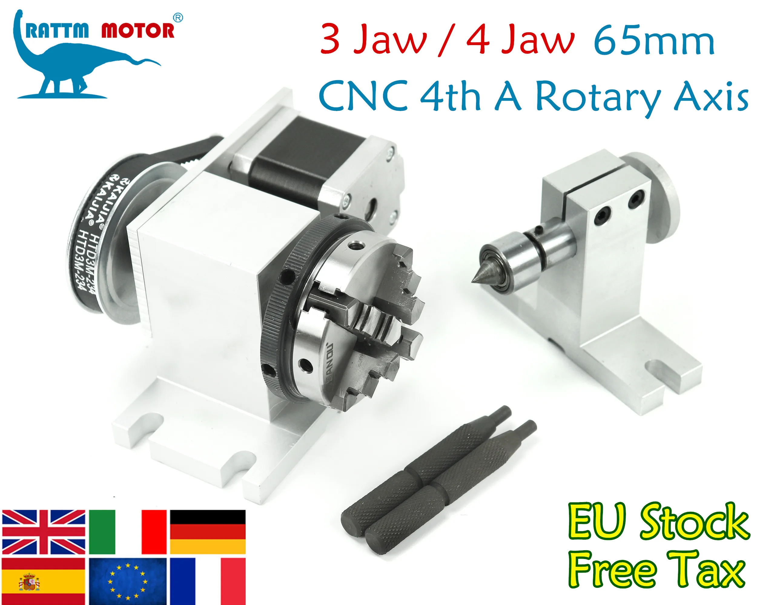 【EU】CNC 4th A Rotary Axis 3 Jaw 4 Jaw  Chuck 65mm Activity Tailstock Center Height 44MM for CNC Router Engraver Milling Machine