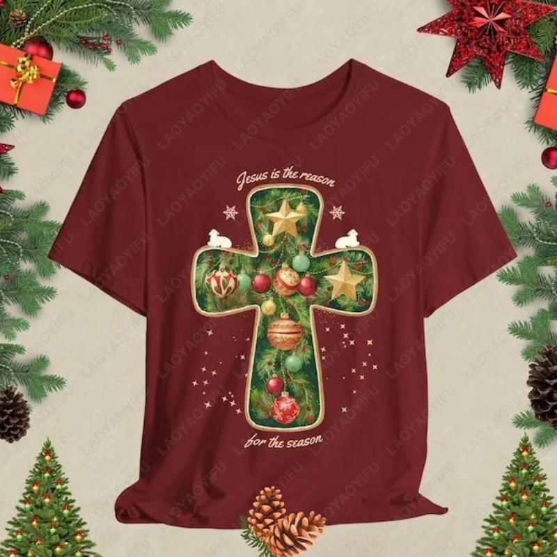 

Retro Holy Cross Christian Christmas Jesus Tops Jesus Is Reason for The Xmas Season Clothing Men Women Cotton Creative Tshirt
