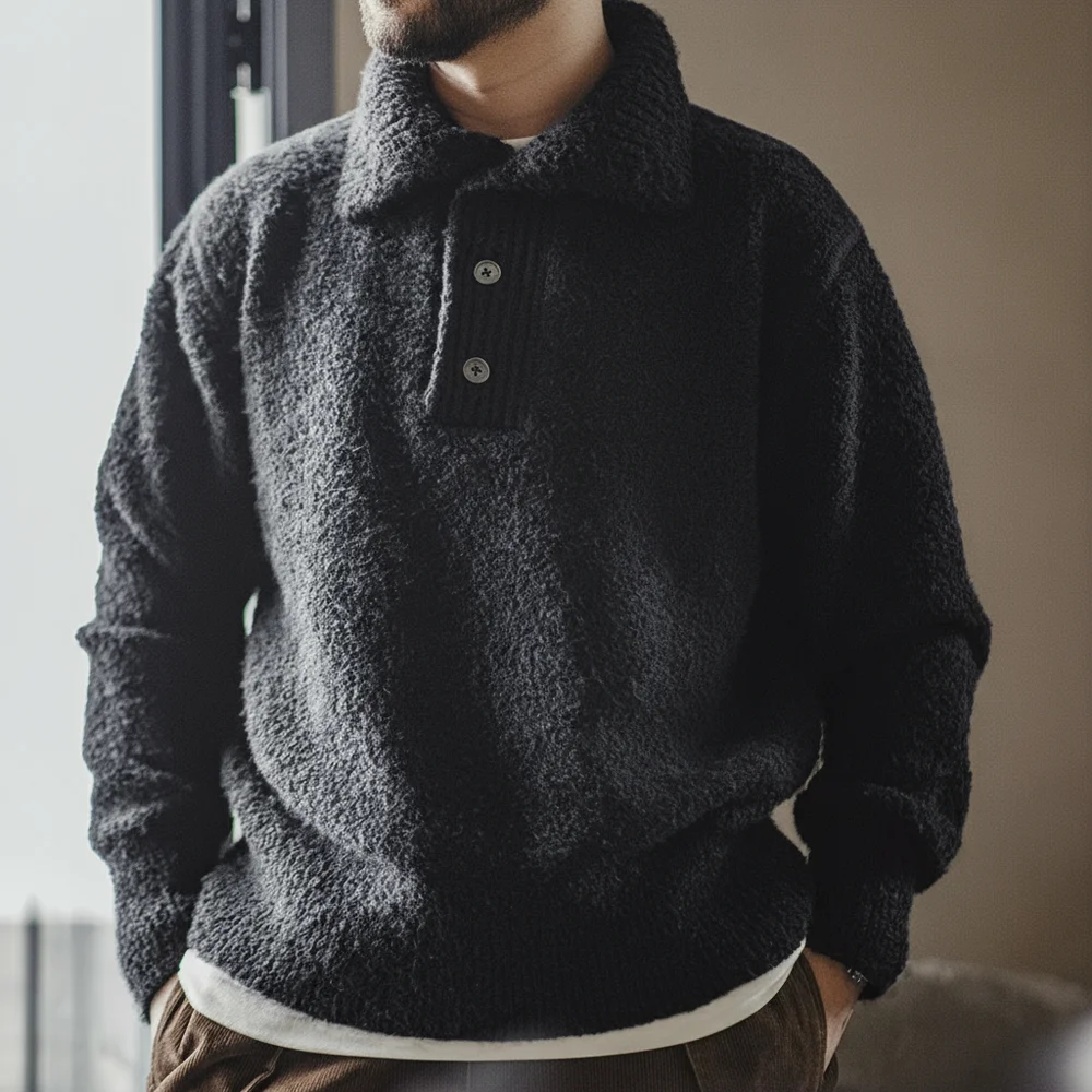 

MADEN Мужской толстый вязаный свитер 2024 осенне-зимний сезон длинные рукава отложной воротник петельная пряжа поло свитер с вытяжкой для надевания на голову тёплая вязаная одежда