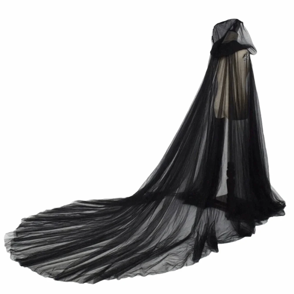 Retro Solid Color Halloween Hooded Tulle Cape Soft Long Mesh Cloak Sheer Polyester Cosplay Bridal Costume Photoshoot