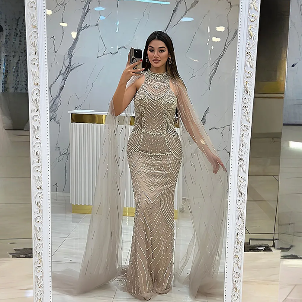 

YQLNNE Arabic Nude Crystals Beaded Evening Dresses Long Mermaid High Neck Tulle Formal Pageant Party Gown