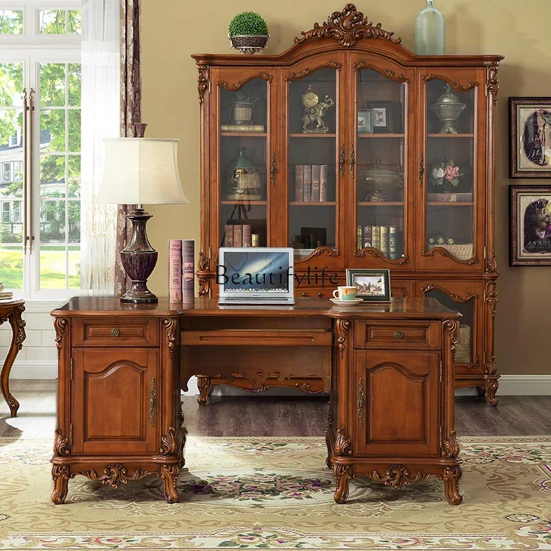 

*FG44American old laser parquet table European full solid wood carving computer table