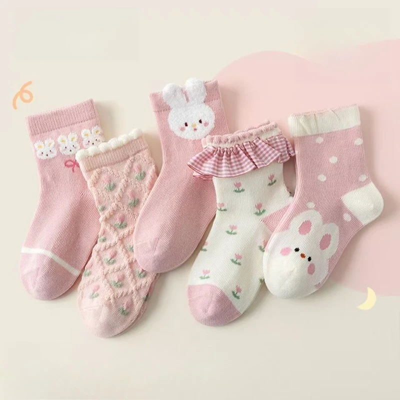 5PCS Kids Short Socks for Ages 2 To 12 Featuring Pastel Pink Bunny and Flower Designs for School Outfits and Everyday Wear