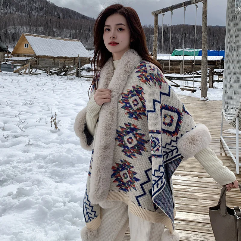 Autumn and Winter Knitted Women's Cape Keeping Warm Self Driving Photography Travel Dressing Ethnic Style Shawl Cloak Poncho