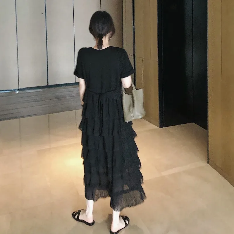 Minceur Bla Summer Dr T-shirt droit ample pour femme jupe longue gâteau Sle version coréenne trajet décontracté polyester coton...