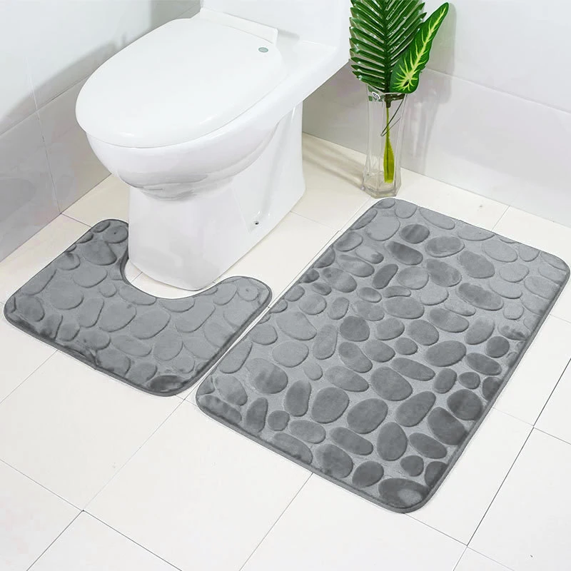 2PCS Bathroom Bath Mat Set Cobblestone Embossed Anti Slip Rug Water Absorbing Foot Mat Non-slip Carpet In Bathtub Floor