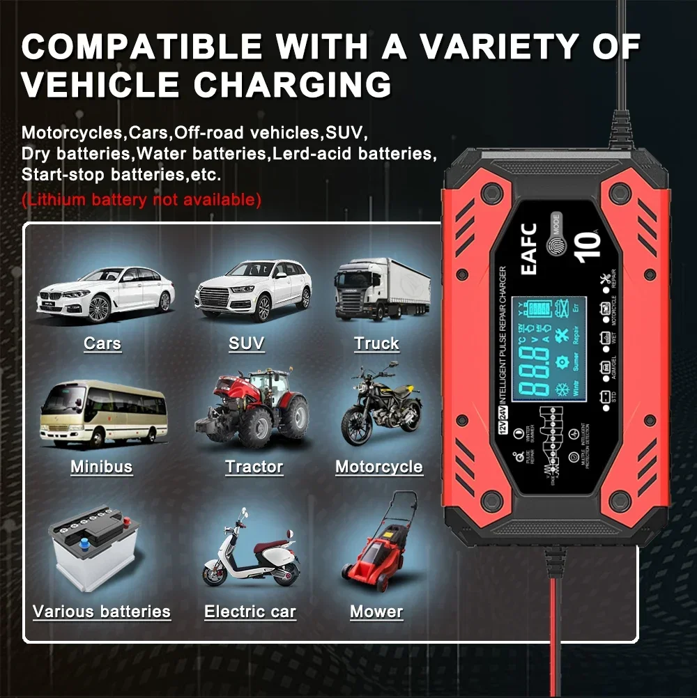 Полностью автоматическое зарядное устройство для автомобильного аккумулятора EAFC 12 В 10 А, Многоуровневое защитное зарядное устройство для автомобильного аккумулятора с импульсным восстановлением и ЖК-дисплеем