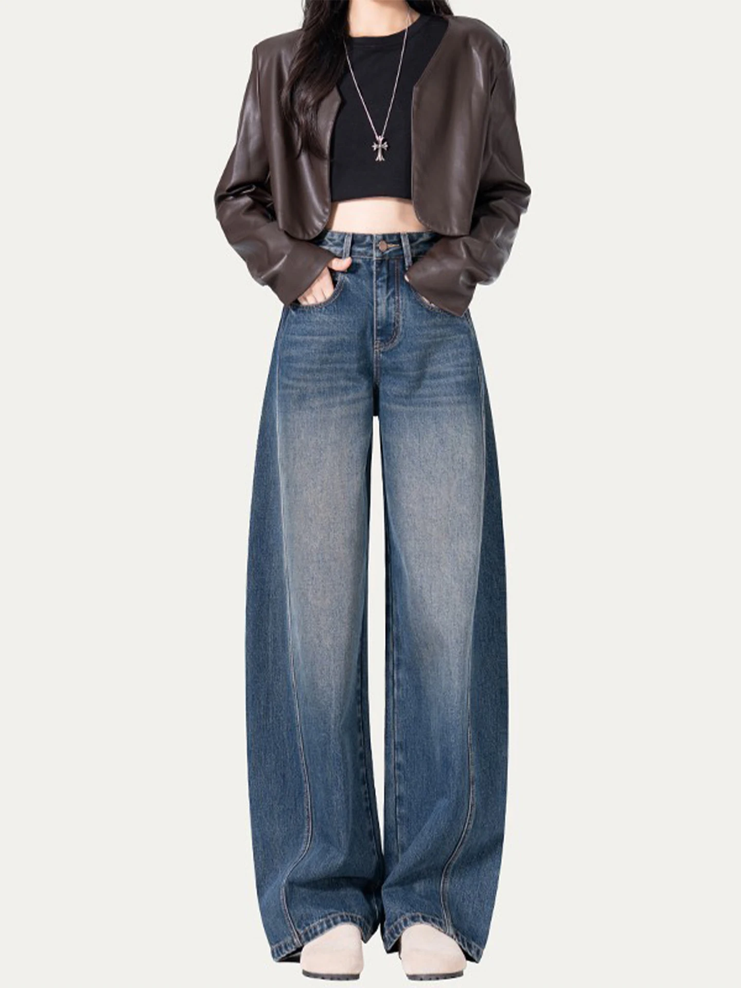 

High Waist Wide Leg Knife Fleece Lined Denim Jeans Women's Spring Autumn Winter Popular New Style Slimming Straight Leg ...