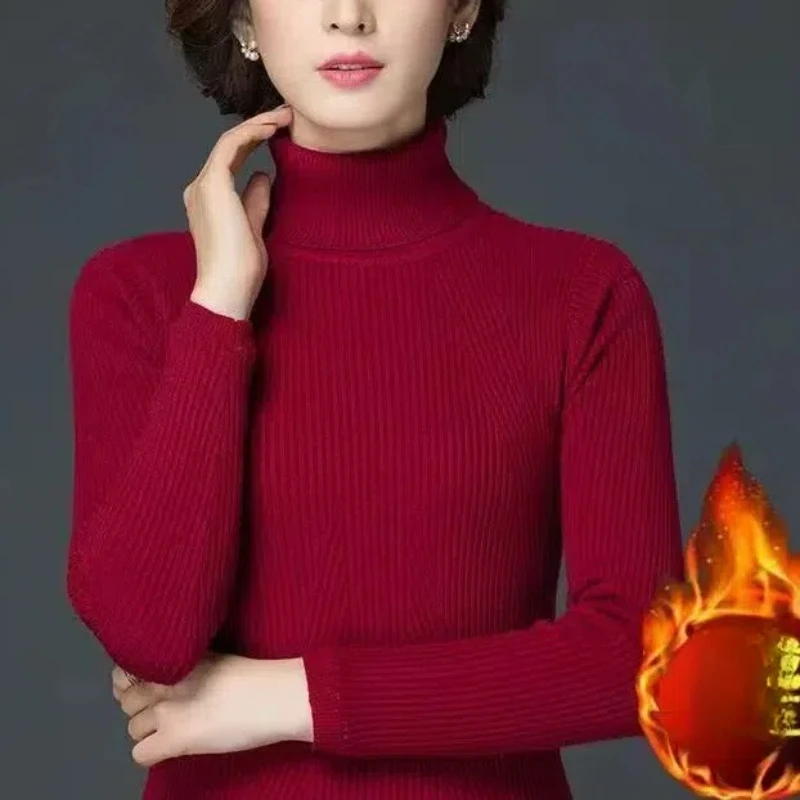 Otoño Invierno jersey de Color sólido suéter de manga larga tejido de moda elegante ropa de mujer Tops de cuello medio alto