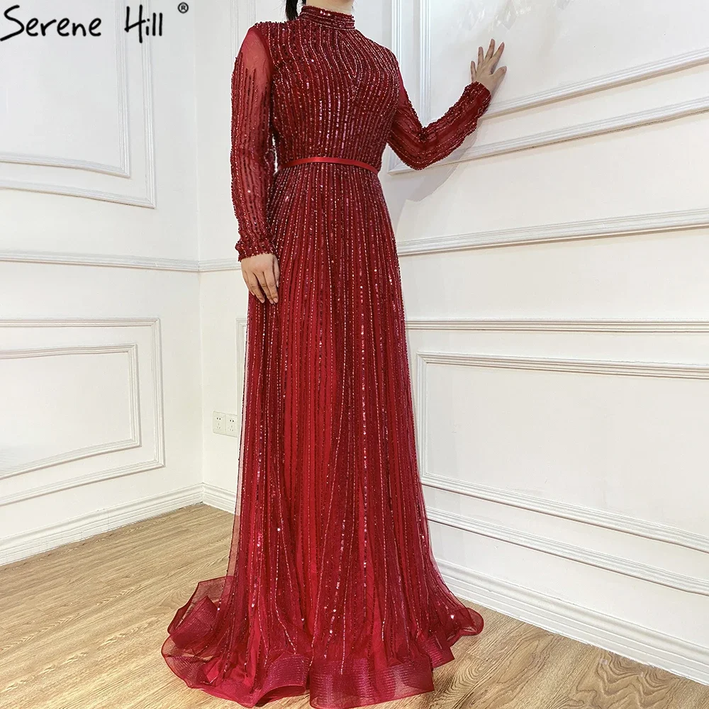 Serene Hill 2025 Wine Red Muslim Luxury Evening Dresses Formal Gowns A-Line Sparkle Beaded For Women Party GLA70991 Customized