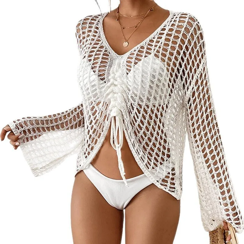 ชุดว่ายน้ําใหม่สําหรับปี 2025 จับคู่กับสาวเซ็กซี่ร้อน,กลวงออกถักสะโพกกอดปก,ชุดชายหาด