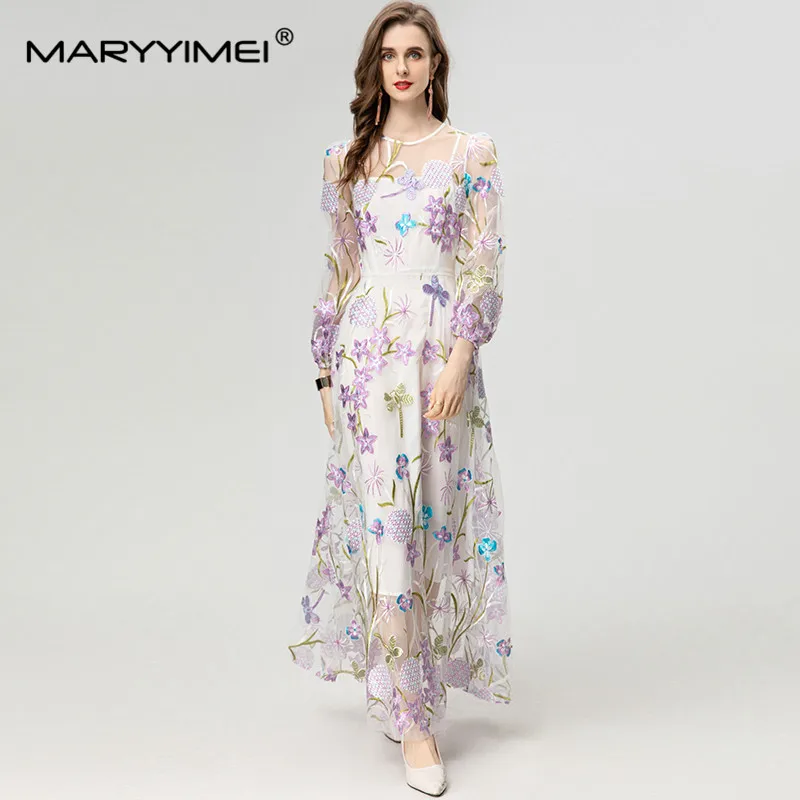 MARYYIMEI Fashion Designer Spring Summer Women's Lantern Sleeved Mesh Embroidery Prairie Chic Ivory White A-Line dresses