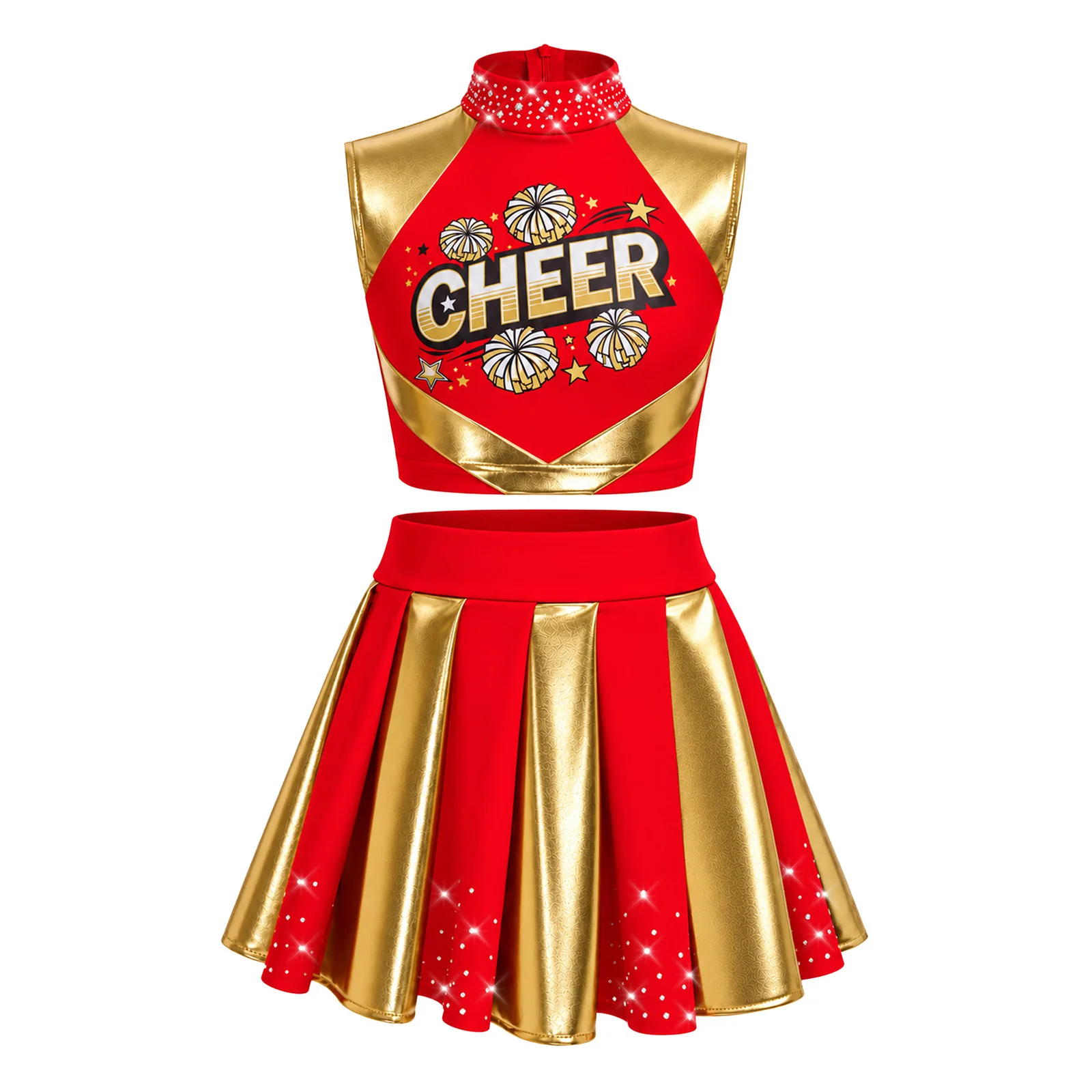 Cheerleader-Kostüm für Mädchen, Cheerleading-Uniform, 2-teiliges Set, ärmelloses Top mit Strasssteinen und „CHEER“-Aufdruck, kurzes Oberteil, plissierter Rock, Tanzoutfit. – Detail 10