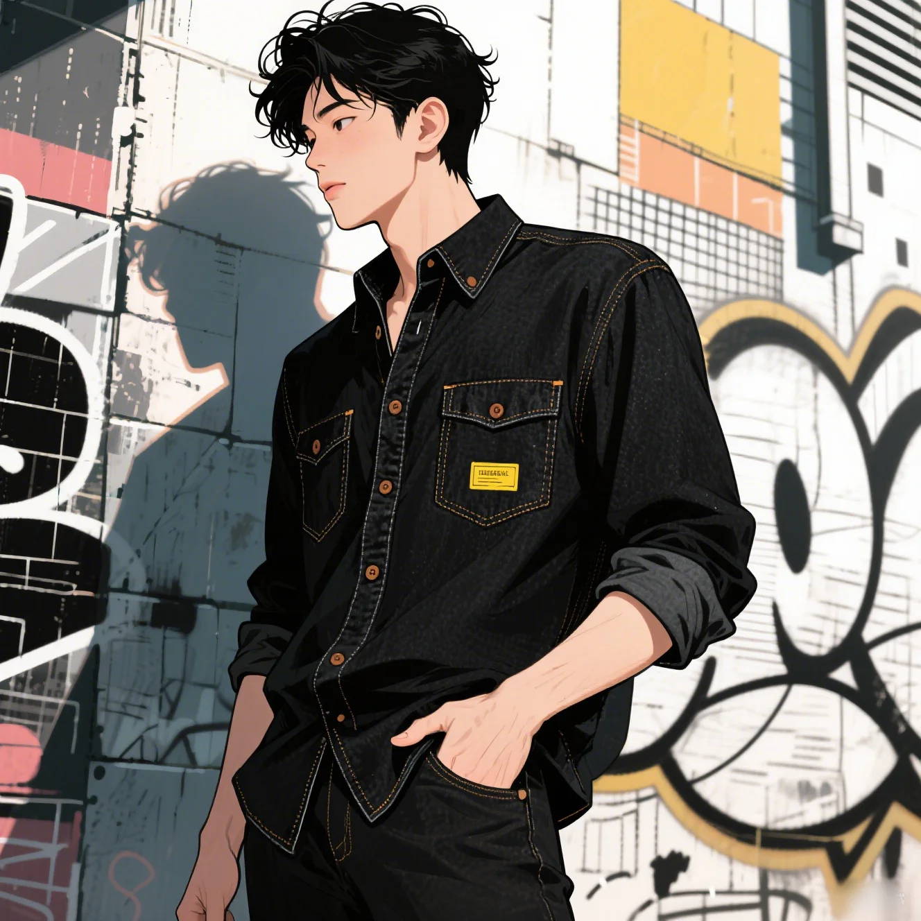 

Fashionable spring/autumn cotton men's business casual long sleeved denim shirt solid color slim fit elastic denim shirt