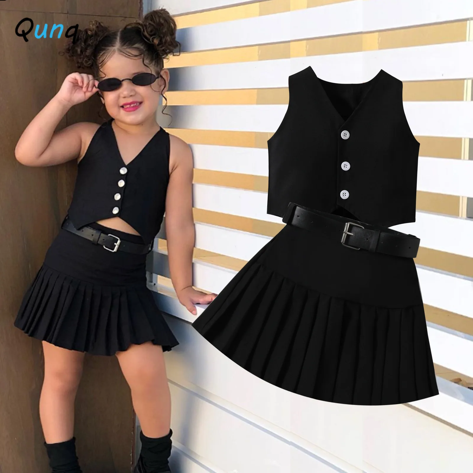 Qunq Spring Girls Fashion V-neck Single Breasted Sleeveless Tank Top Hundred Pleated Short Skirt Belt Three Two Piece Set 2T-5T