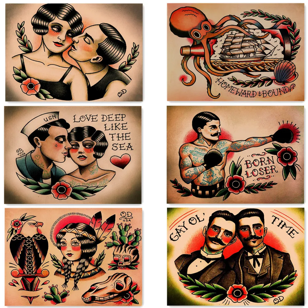 6 PCS Vintage Tattoo Art Posters for Wall Creative Singer Star Movie Wall Art Stickers Nostalgic Prints Painting Home Room Decor