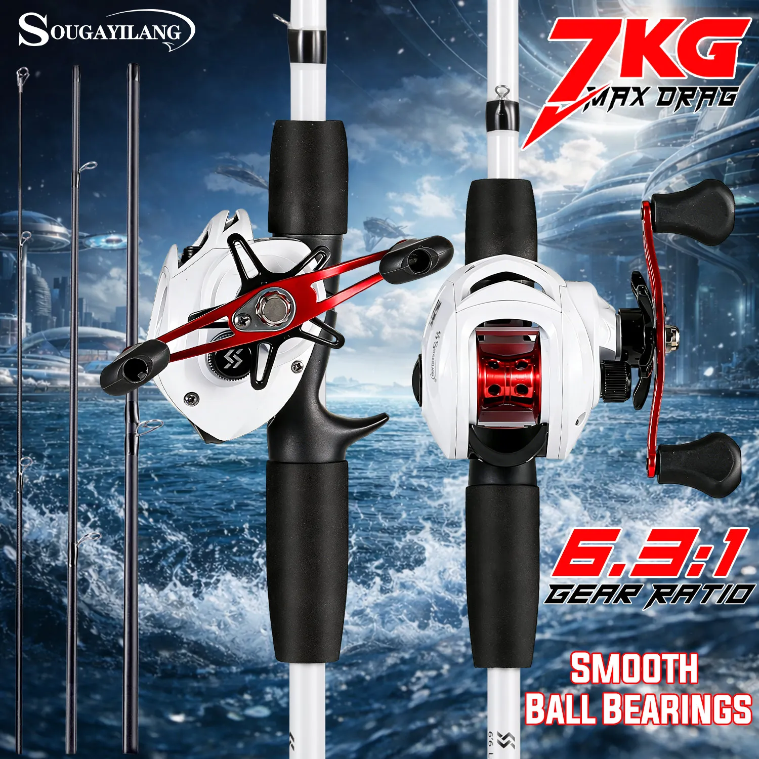 

Комплект для рыбалки Sougayilang: удилище и катушка, передаточное число 6.3:1, мультипликаторная катушка с 10 магнитными тормозами, максимальное сопротивление 7 кг, портативный набор рыболовных снастей